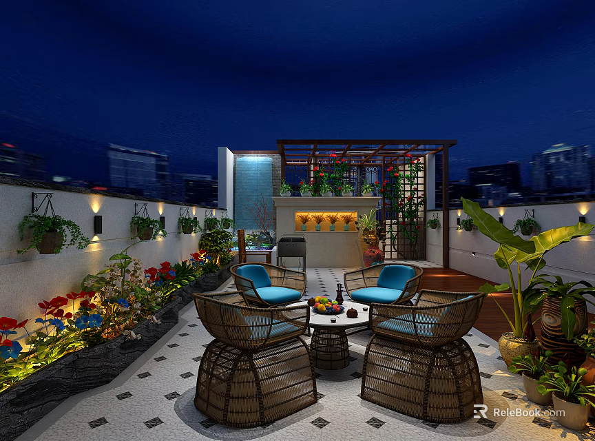 Cozy Roof Garden With Outdoor Furniture Plants Flowers And City Night Lighting 3d model 