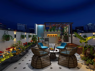Cozy Roof Garden With Outdoor Furniture Plants Flowers And City Night Lighting 3d model