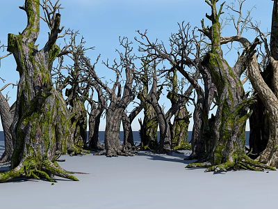 Moss Covered Leafless Trees Scenic View With Blue Sky Over White Snowy Ground 3d model