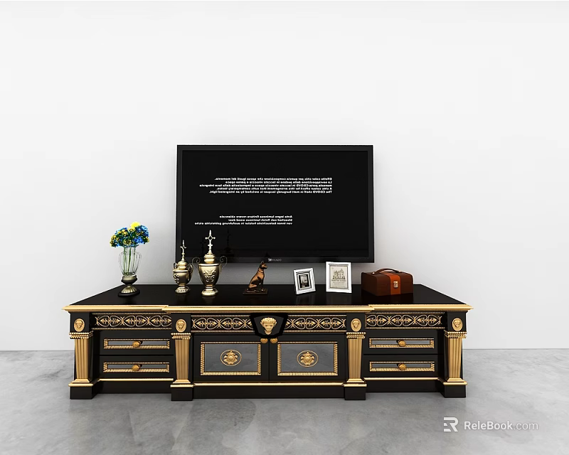 Elegant Black and Gold TV Stand with Carved Details and Decorative Items on Top 3d model 