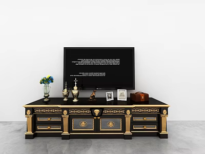Elegant Black and Gold TV Stand with Carved Details and Decorative Items on Top 3d model