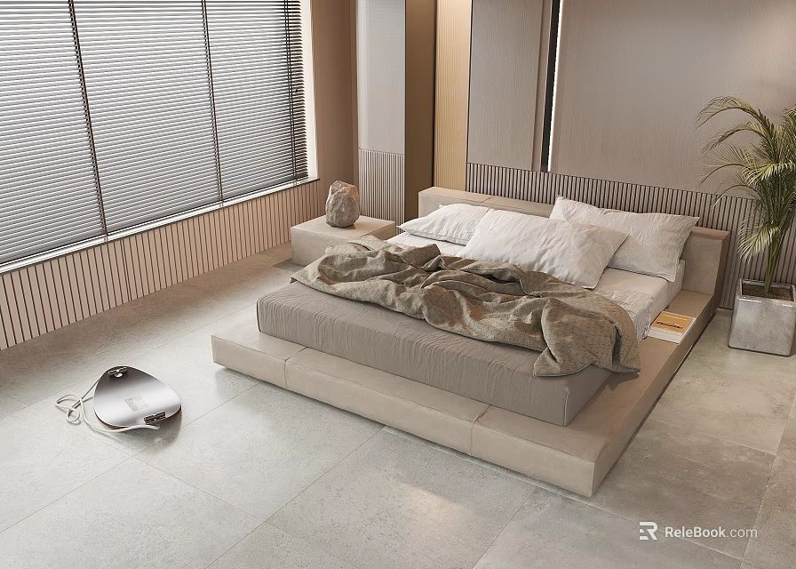 Modern Double Platform Bed With Light Floor Window Blinds Plant Pillows And Blanket 3d model 