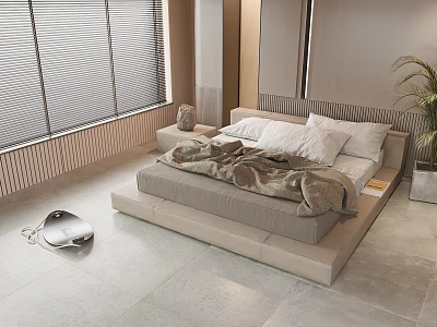Modern Double Platform Bed With Light Floor Window Blinds Plant Pillows And Blanket 3d model
