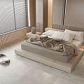 Modern Double Platform Bed With Light Floor Window Blinds Plant Pillows And Blanket