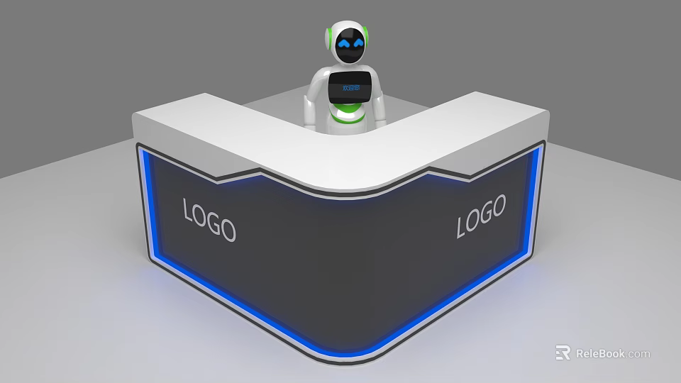 Modern Curved Reception Desk With White Countertop Black Panel Logo And Robot 3d model