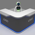 Modern Curved Reception Desk With White Countertop Black Panel Logo And Robot 3d model