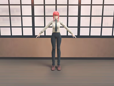 Red Haired Female Character in Uniform Standing in Room With Grid Windows and Wooden Floor 3d model