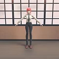 Red Haired Female Character in Uniform Standing in Room With Grid Windows and Wooden Floor