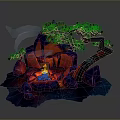 Natural Landscape With Wooden Curved Tree And Red Stone Pile Featuring Burning Campfire