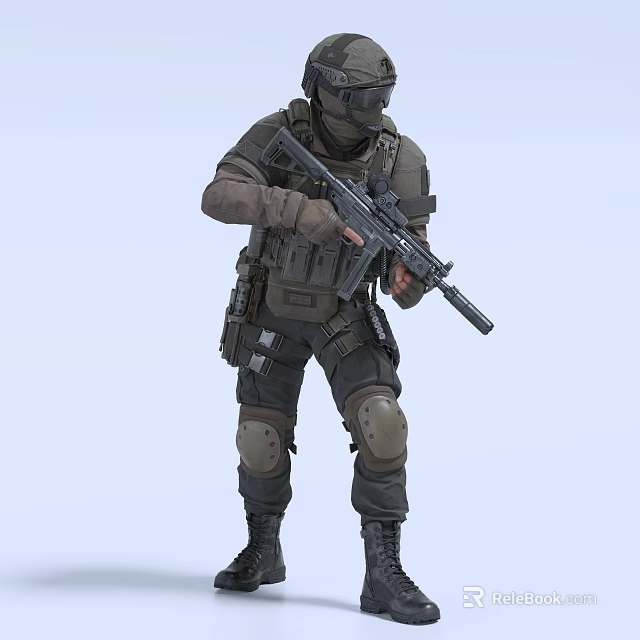 Man Holding Rifle in Tactical Gear Black Outfit Knee Pads Vest and Light Blue Background 3d model 