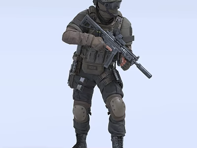 Man Holding Rifle in Tactical Gear Black Outfit Knee Pads Vest and Light Blue Background 3d model