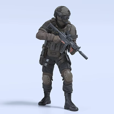 Man Holding Rifle in Tactical Gear Black Outfit Knee Pads Vest and Light Blue Background 3d model