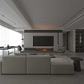Modern Living Dining Room With Beige Sofa Black Armchair Glass Coffee Table TV Wall Fireplace