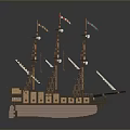 Ancient Sailing Ship Wooden Model With Multiple Masts And Colorful Flags