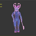 Game Movie Character With Blue Body Pink Horns Long Hair Hooves And Holding Staff