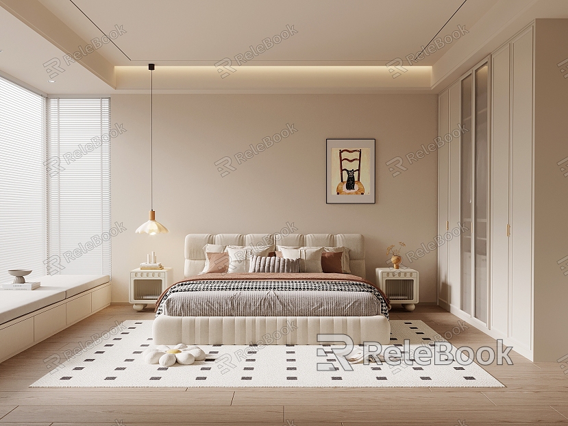 10 Home Bedroom Modern Cream Style Bedroom Fabric Double Bed Bedside Cabinet Chandelier Decorative Painting model