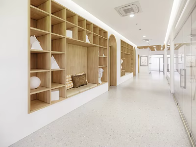 Bright Modern Elevator Hallway Interior With Wooden Shelves White Decor And Bench 3d model