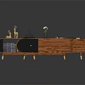 Contemporary Curved Wooden TV Stand With Gold Legs Storage Shelves Drawer And Decorative Items