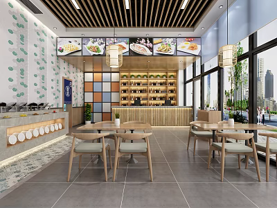 Bright Restaurant Interior With Wooden Ceiling Green Wall Patterns Food Display Screens And Dining Tables 3d model