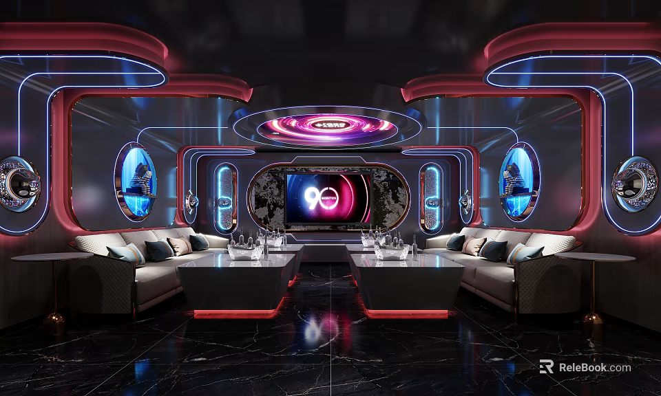 Futuristic Themed KTV Room With Neon Lighting Sofas And Tables 3d model 