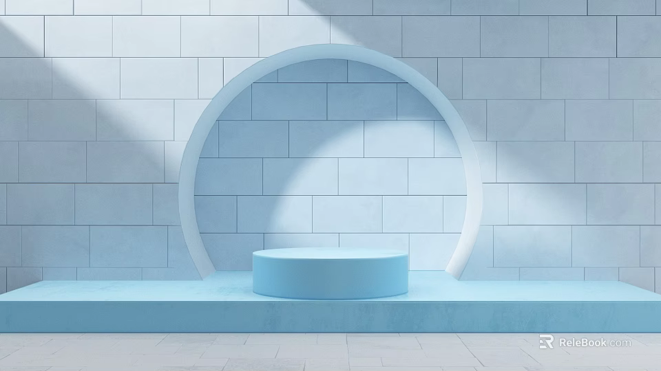 Light Blue Display Shelf With Circular Platform Arched Structure And Brick Background Wall 3d model