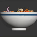 Fresh Colorful Salad in White Bowl with Blue Stripes on Black Background