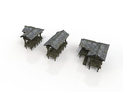 Three Different Traditional Architectural Pavilions with Tiled Roofs Wooden Frames and Steps 3d model