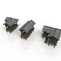 Three Different Traditional Architectural Pavilions with Tiled Roofs Wooden Frames and Steps