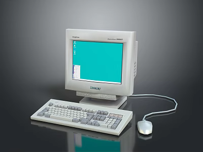 Vintage White Computer System With Turquoise Screen Keyboard And Mouse 3d model