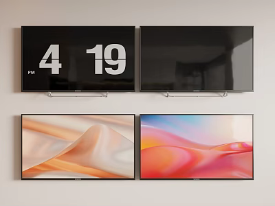 Four Wall Mounted Television Screens With Time Display And Colorful Screen Backdrops 3d model