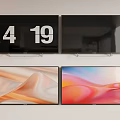 Four Wall Mounted Television Screens With Time Display And Colorful Screen Backdrops