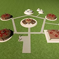 Traditional Brown And White Yurts On Green Grassland With Red Tops And Pathways