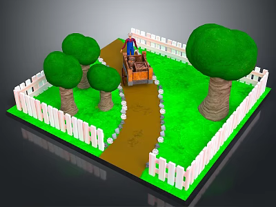 Garden Scene With White Picket Fence Green Grass Trees Path And Carriage 3d model