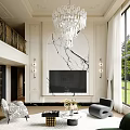 Elegant Living and Dining Room Interior With Green Sofa Crystal Chandelier and Large Window