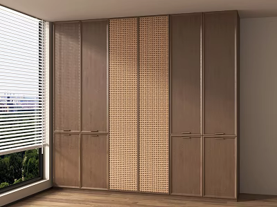 Modern Wooden Wardrobe Interior Design With Built In Lattice Panel And Window Blinds 3d model