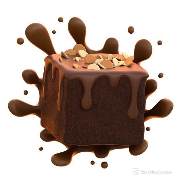 Delicious Chocolate Square Topped With Crushed Nuts And Surrounded By Flowing Chocolate Sauce Splashes 3d model 