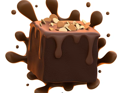 Delicious Chocolate Square Topped With Crushed Nuts And Surrounded By Flowing Chocolate Sauce Splashes 3d model