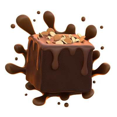 Delicious Chocolate Square Topped With Crushed Nuts And Surrounded By Flowing Chocolate Sauce Splashes 3d model