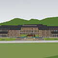 Traditional Style Hotel Building With Wooden Glass Facade Lawn Pool And Background Mountain