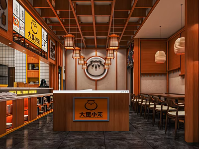 Chinese Noodle Restaurant Interior With Wooden Structure Pendant Lights Reception Counter And Dining Tables 3d model