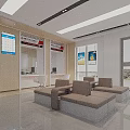 Modern Public Service Hall Interior Featuring Service Counters Waiting Sofas Display Screens And Wall Posters 3d model