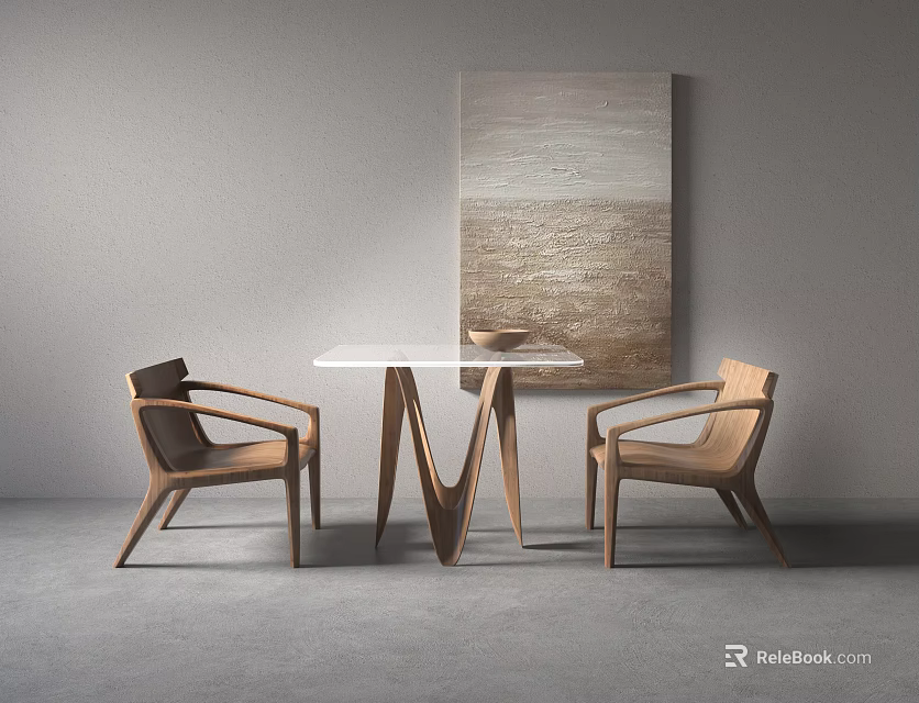 Modern Table With White Top And Wooden Chairs In Gray Interior With Abstract Painting 3d model 