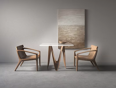 Modern Table With White Top And Wooden Chairs In Gray Interior With Abstract Painting 3d model