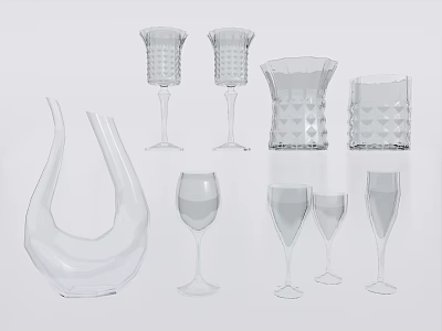 Elegant Transparent Beverage Glassware Collection Featuring Wine Glasses Water Cups And Decanter 3d model