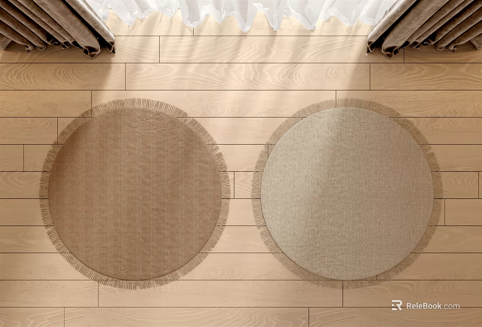 Two Round Woven Beige Rugs With Fringed Edges On Wooden Floor 3d model 