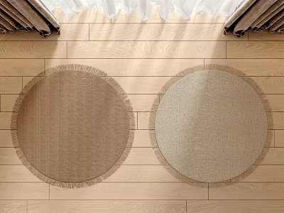 Two Round Woven Beige Rugs With Fringed Edges On Wooden Floor 3d model