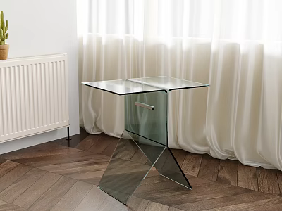Modern Glass Top Side Table With Geometric Base In Living Room Wooden Floor Setting 3d model