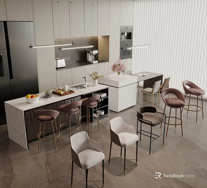 Modern Dining Table Set In Open Kitchen With Marble Island Counter And Chairs 3d model