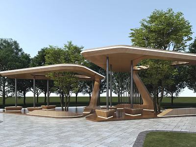 Modern Wooden Pergola with Curved Roof Surrounded by Trees Lawn and Benches on Paved Floor 3d model