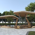 Modern Wooden Pergola with Curved Roof Surrounded by Trees Lawn and Benches on Paved Floor